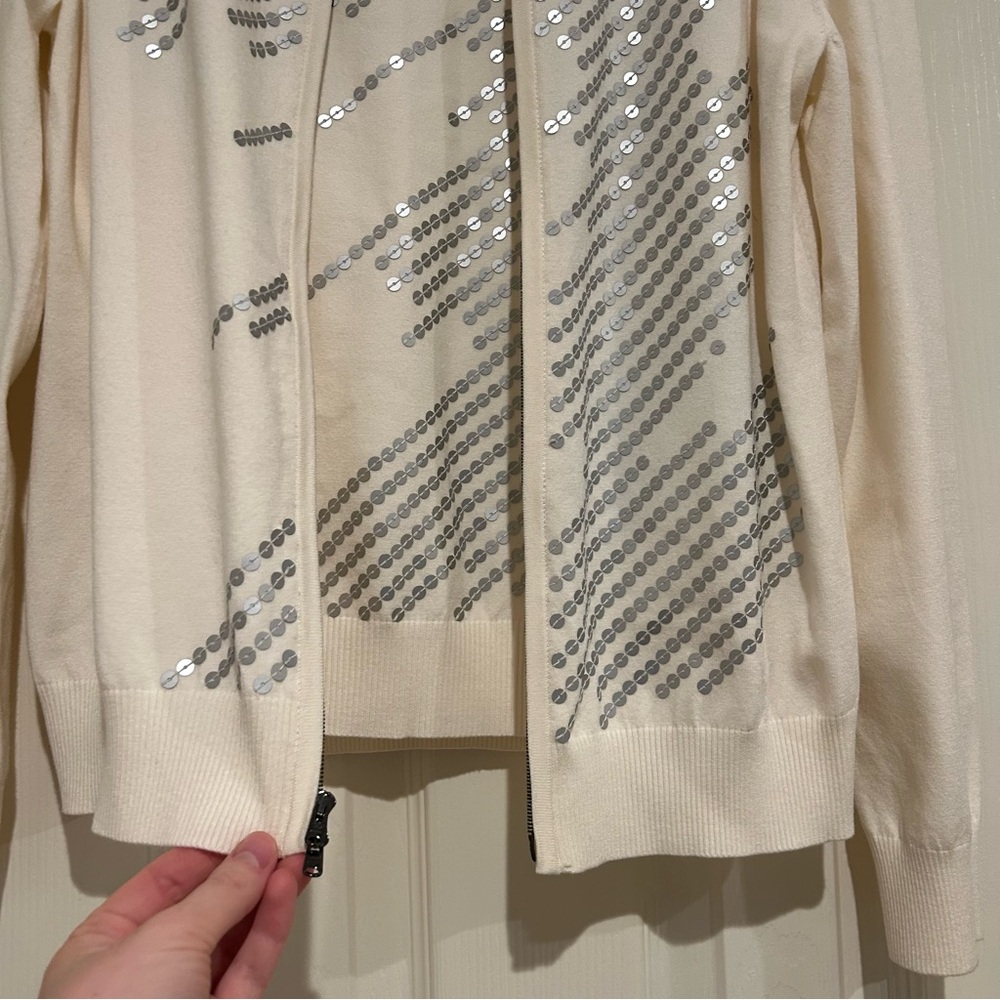 St. John Ivory Cardigan with Shimmering Silver Accents zip up sweater with tank - Picture 4 of 8